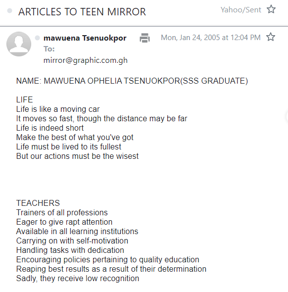 My email to Teen Mirror in 2005